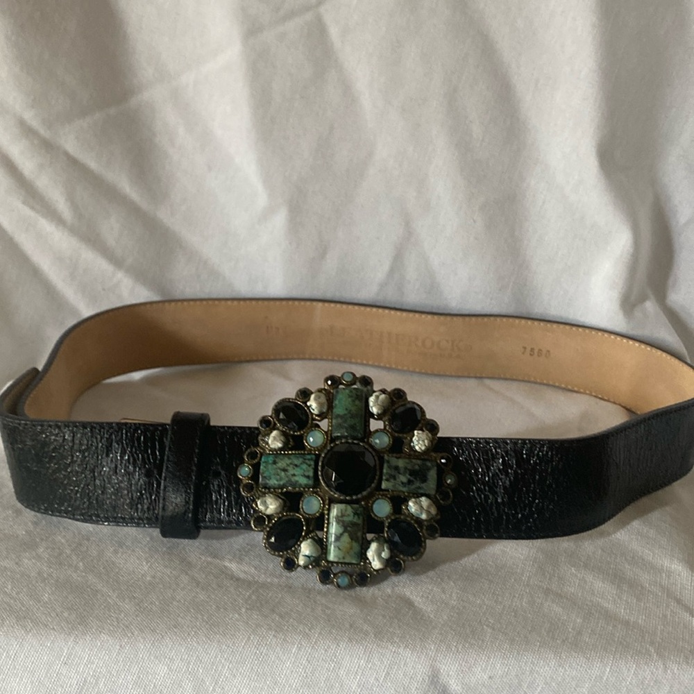 Leatherock Black embossed with turquoise/crystals and stones on buckle
